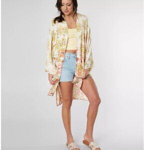 Billabong Fire Nights Kimono Women M/L Floral Longline Beach Coastal Boho Casual